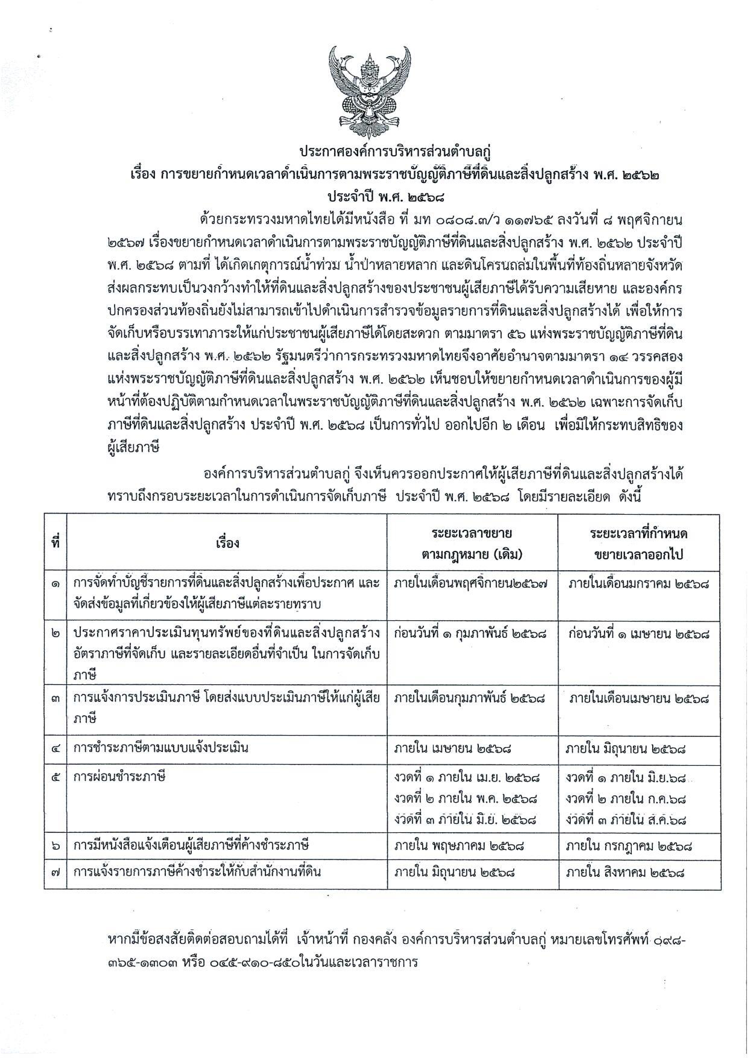 ประกาศองค์การบริหารส่วนตำบลกู่ เรื่องขยายกำหนดเวลาดำเนินการตามพระราชบัญญัติภาษีที่ดินและสิ่งปลูกสร้าง พ.ศ.2562 ประจำปีงบประมาณ พ.ศ.2568