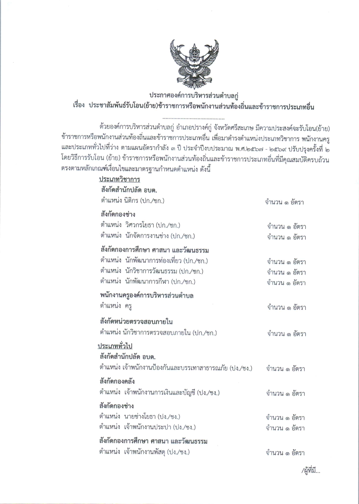 ประกาศ อบต.กู่ เรื่อง ประชาสัมพันธ์รับโอน(ย้าย)ข้าราชการหรือพนักงานส่วนท้องถิ่นและข้าราชการประเภทอื่น